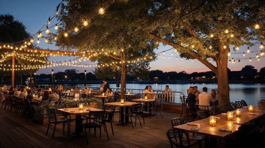 guinguette restaurant au bord de l'eau avec terrasse ombragée et guirlandes lumineuses